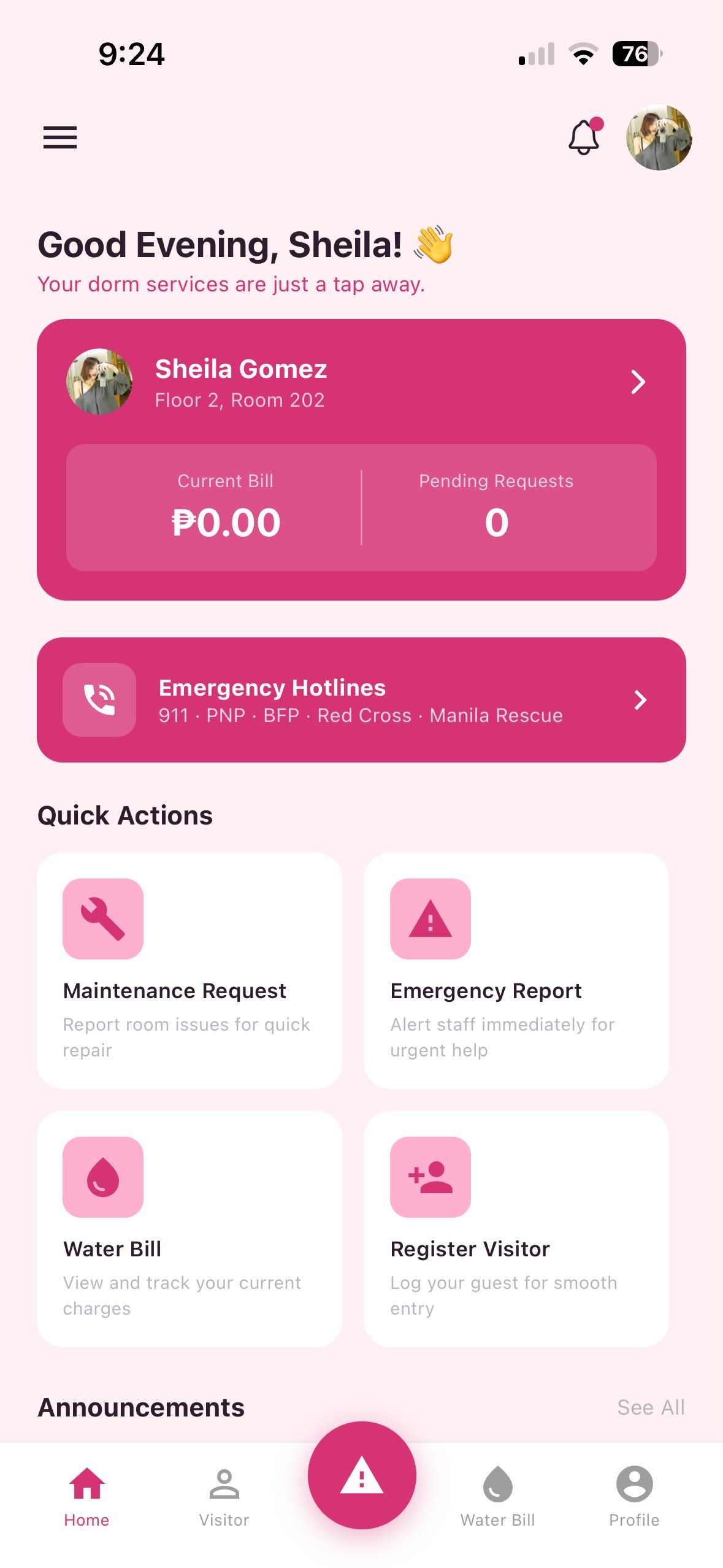 DormEase App - Home Screen