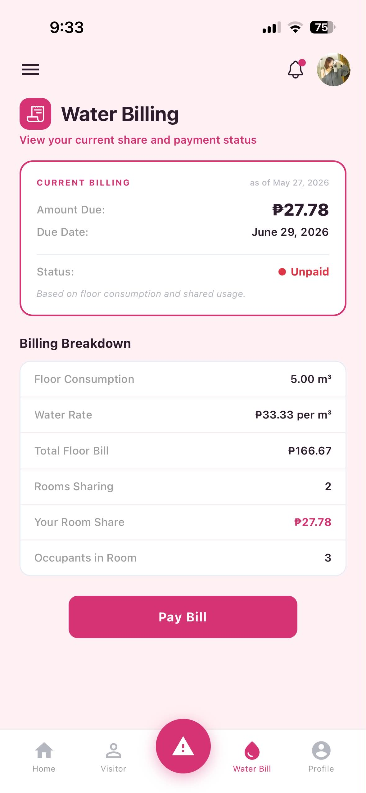 DormEase App - Water Bill